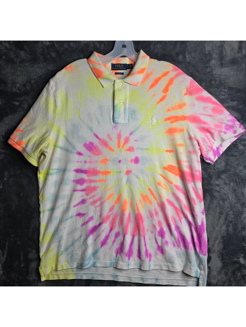 Polo Ralph Lauren Men's Size LARGE White Classic Fit Rainbow Tie-Dye Pony Polo